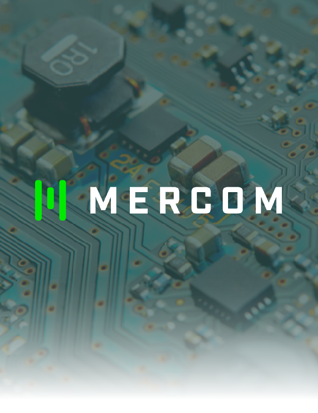 MERCOM logo over a circuit board background in green and white