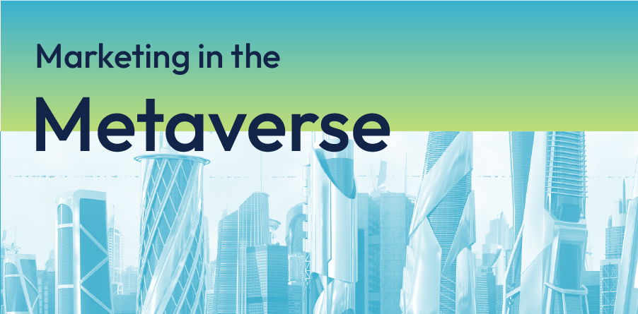 Marketing in the Metaverse text over a blue futuristic cityscape background