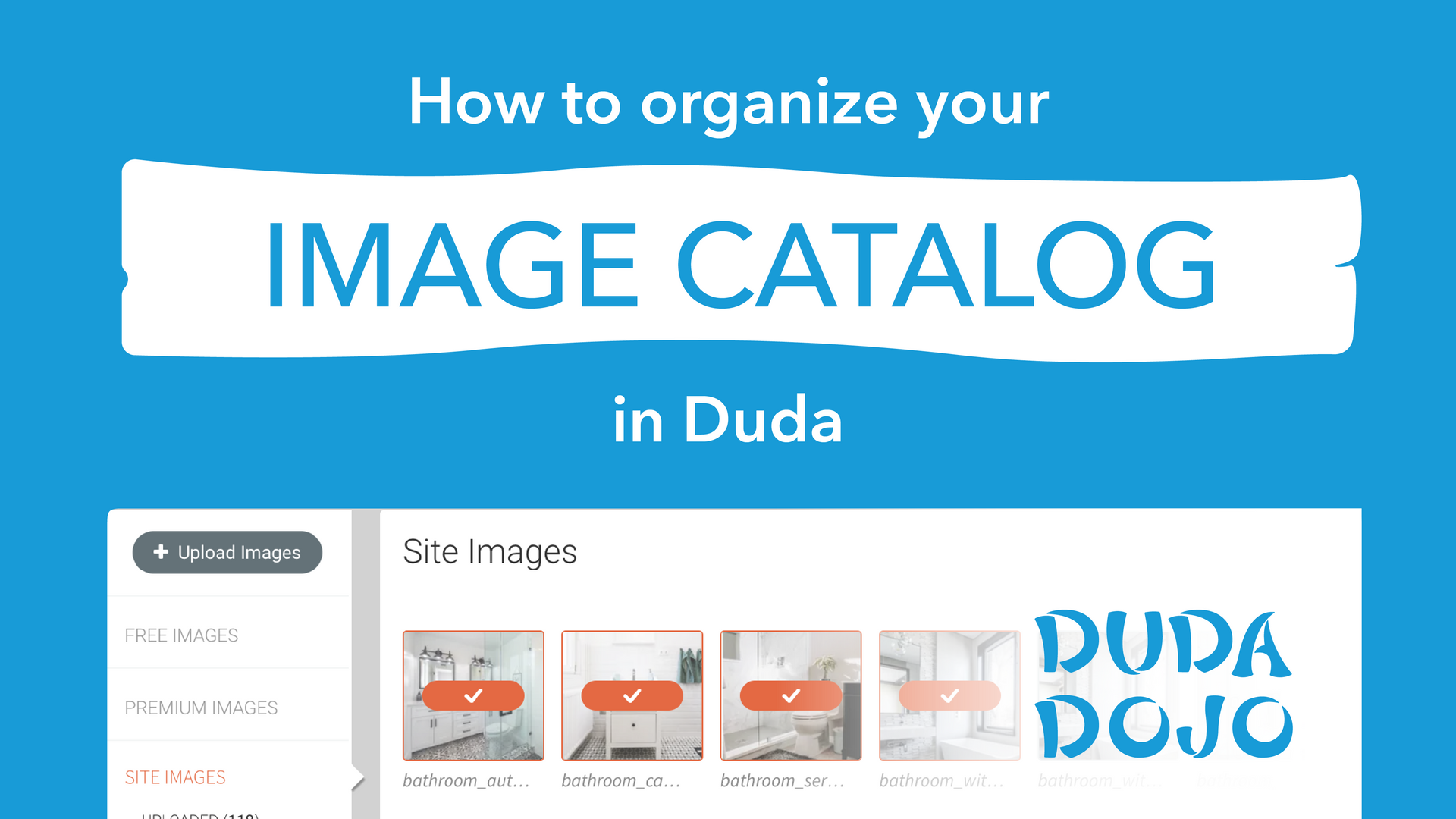 Blue tutorial banner showing how to organize an image catalog in Duda, with thumbnail grid and Duda Dojo logo