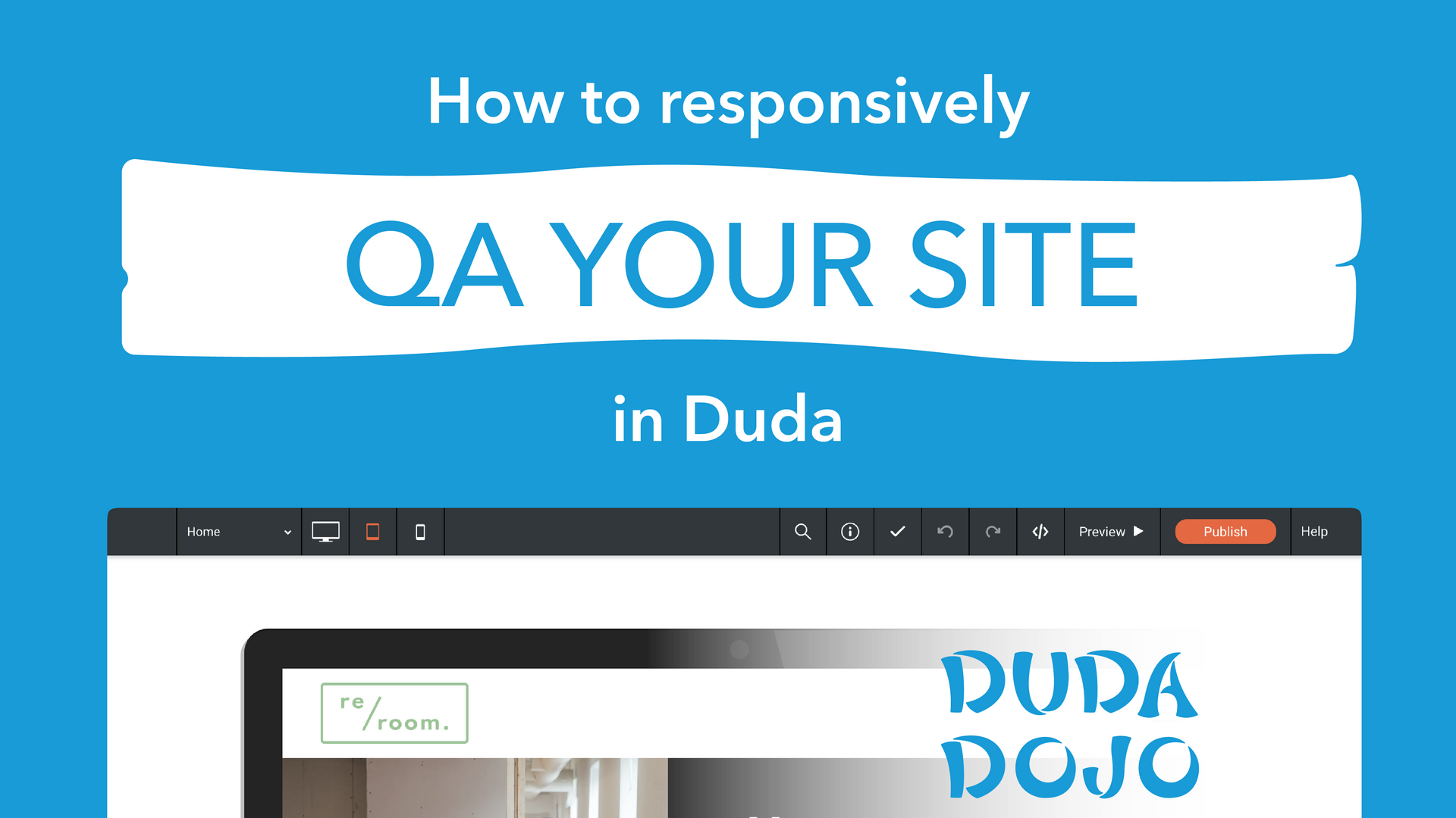 Tutorial banner reading “How to responsively QA your site in Duda” on a blue background with a browser mockup below