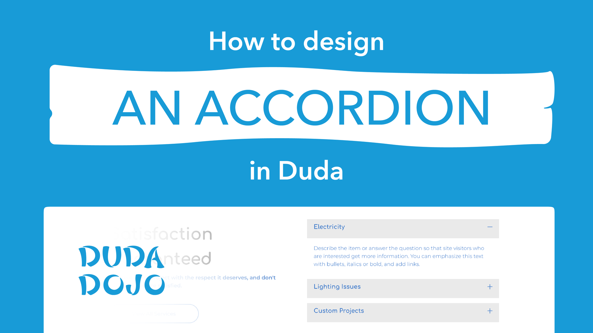 Blue banner with white text “How to design AN ACCORDION in Duda” above a website accordion mockup
