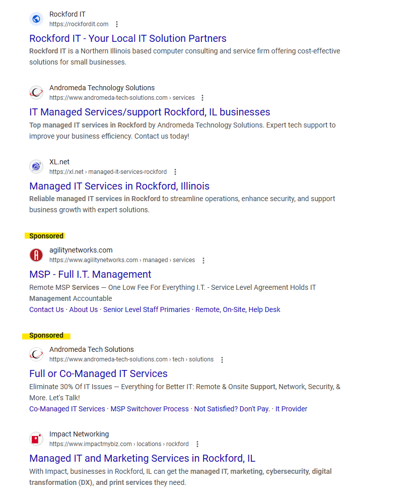 Google search results for Rockford, IL businesses with sponsored listings in blue and yellow.