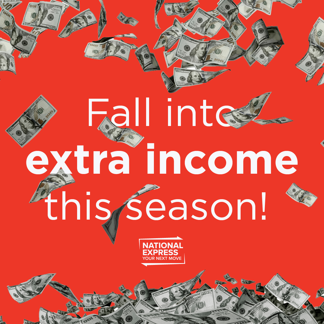 Red ad with falling dollar bills and text: “Fall into extra income this season!”