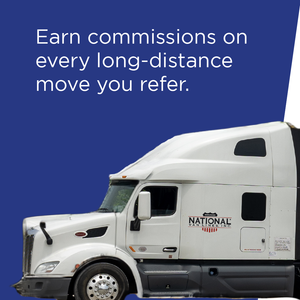 Blue ad with white moving truck and text: “Earn commissions on every long-distance move you refer.”
