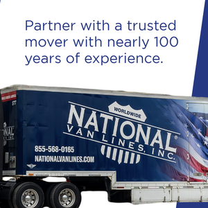 National Van Lines moving truck with “Partner with a trusted mover” text on a white and blue ad background