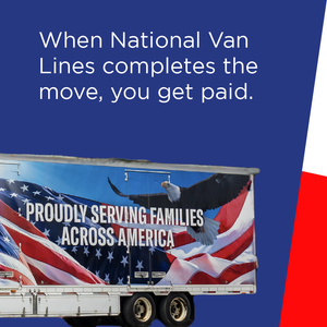 National Van Lines moving truck with U.S. flag graphics and text: “Proudly Serving Families Across America.”