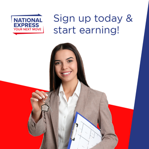 National Express promo with smiling agent holding keys and clipboard, text: “Sign up today & start earning!”