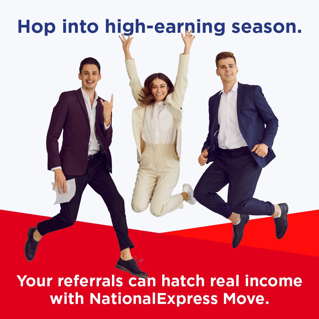 Three business people jump on a red-and-white promo banner with the text “Hop into high-earning season.”