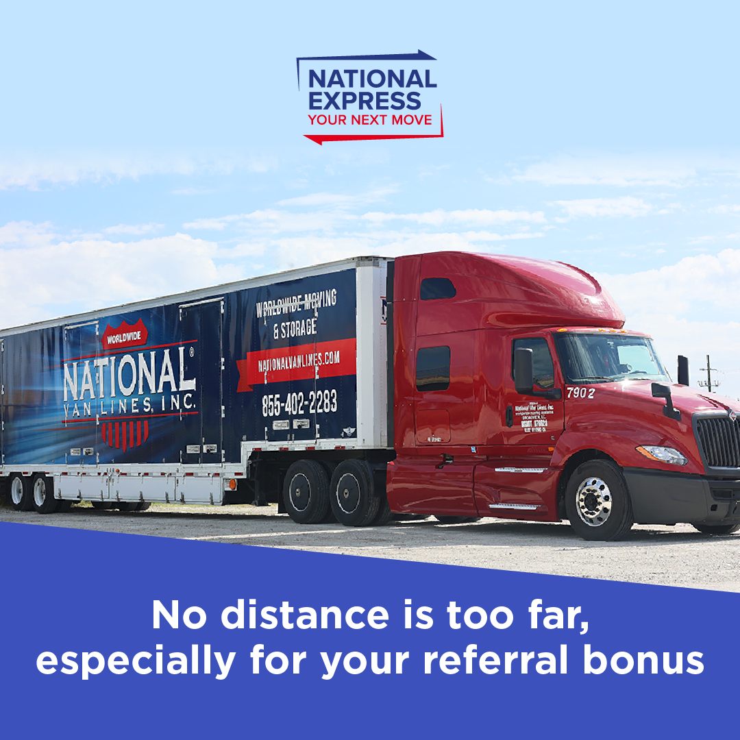 Red National Express semi-truck with trailer on a road under a blue sky, promoting referral bonuses.