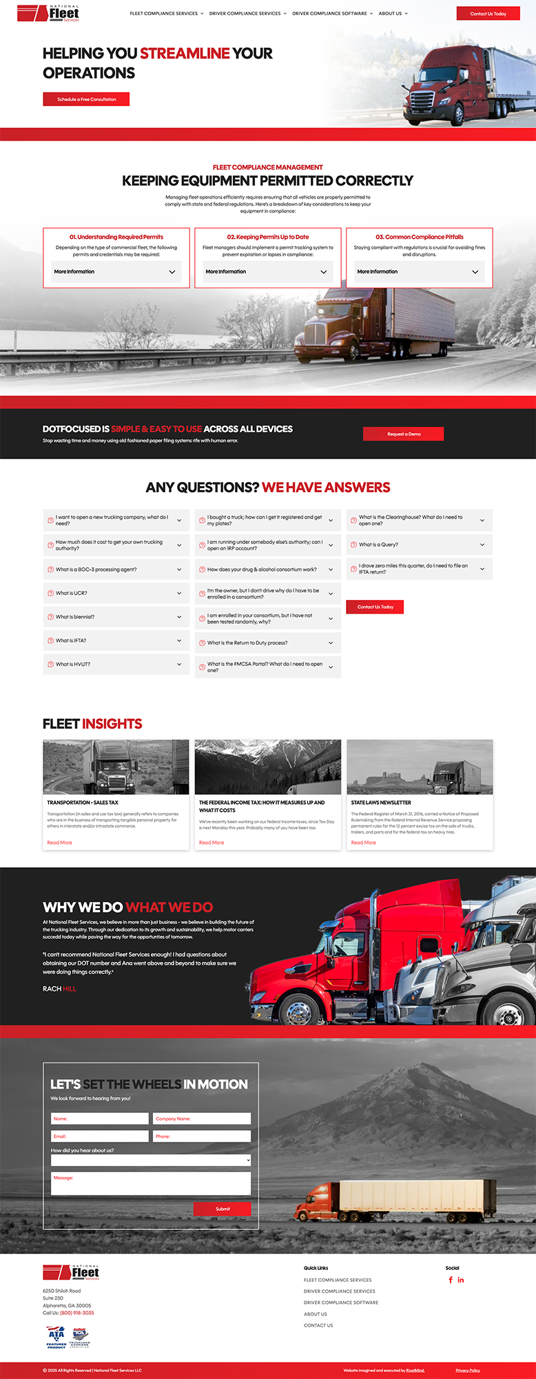 Truck company website homepage with red cargo trucks, service sections, and a contact form