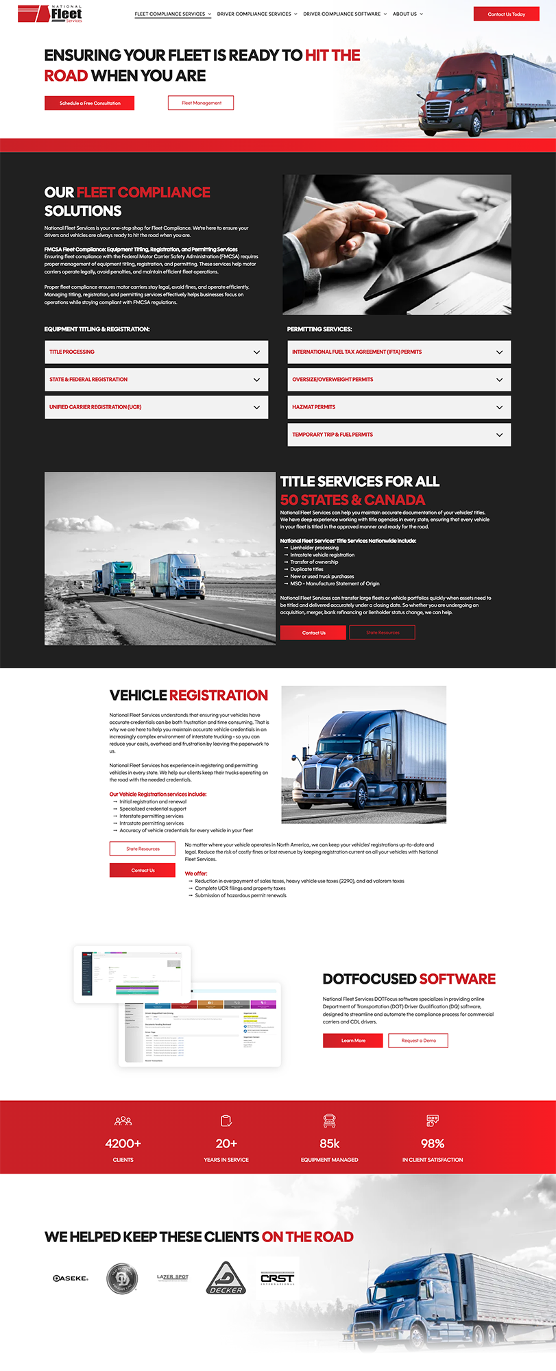 Truck logistics company website homepage with contact form, service sections, and blue semi-truck banner
