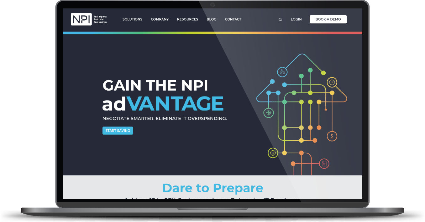 Laptop displaying NPI website with “GAIN THE NPI advANTAGE” and “Dare to Prepare” on a dark blue screen