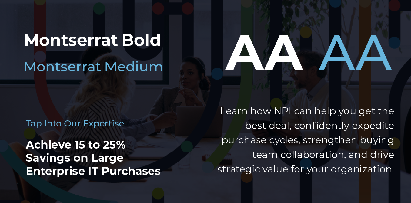 Typography sample with white and blue text on dark background: “Montserrat Bold,” “Montserrat Medium,” and “AA” examples.