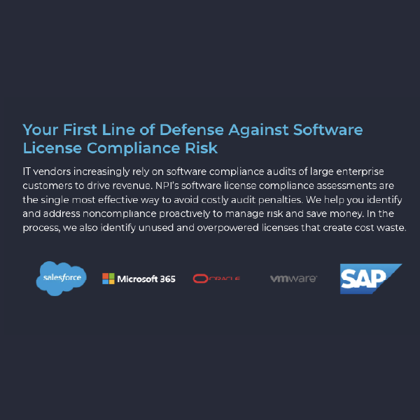 Dark blue slide promoting software license compliance risk, with vendor logos for Salesforce, Microsoft 365, Oracle, VMware, and SAP.