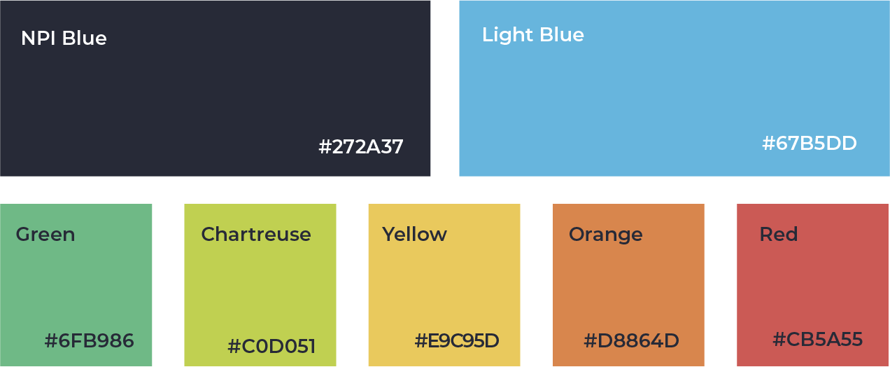 Color palette of seven labeled swatches: navy blue, light blue, green, chartreuse, yellow, orange, and red.