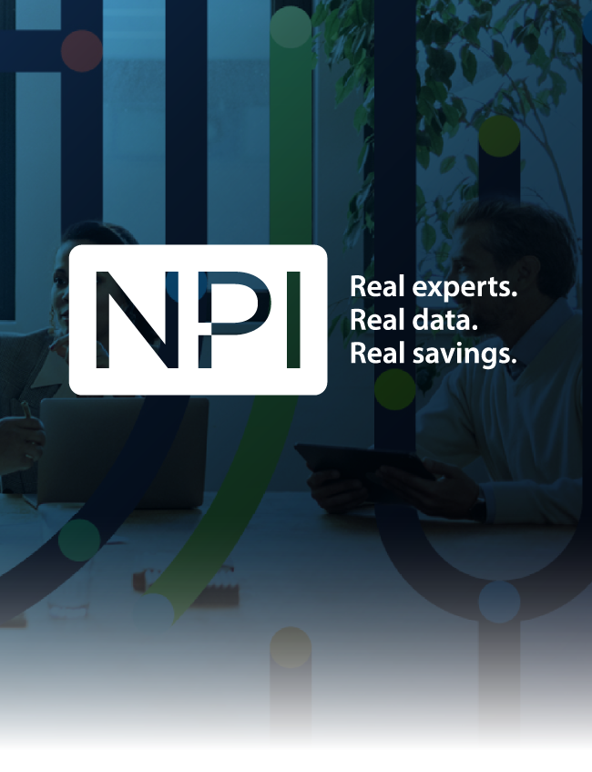 NPI logo on a blue background with the text “Real experts. Real data. Real savings.”