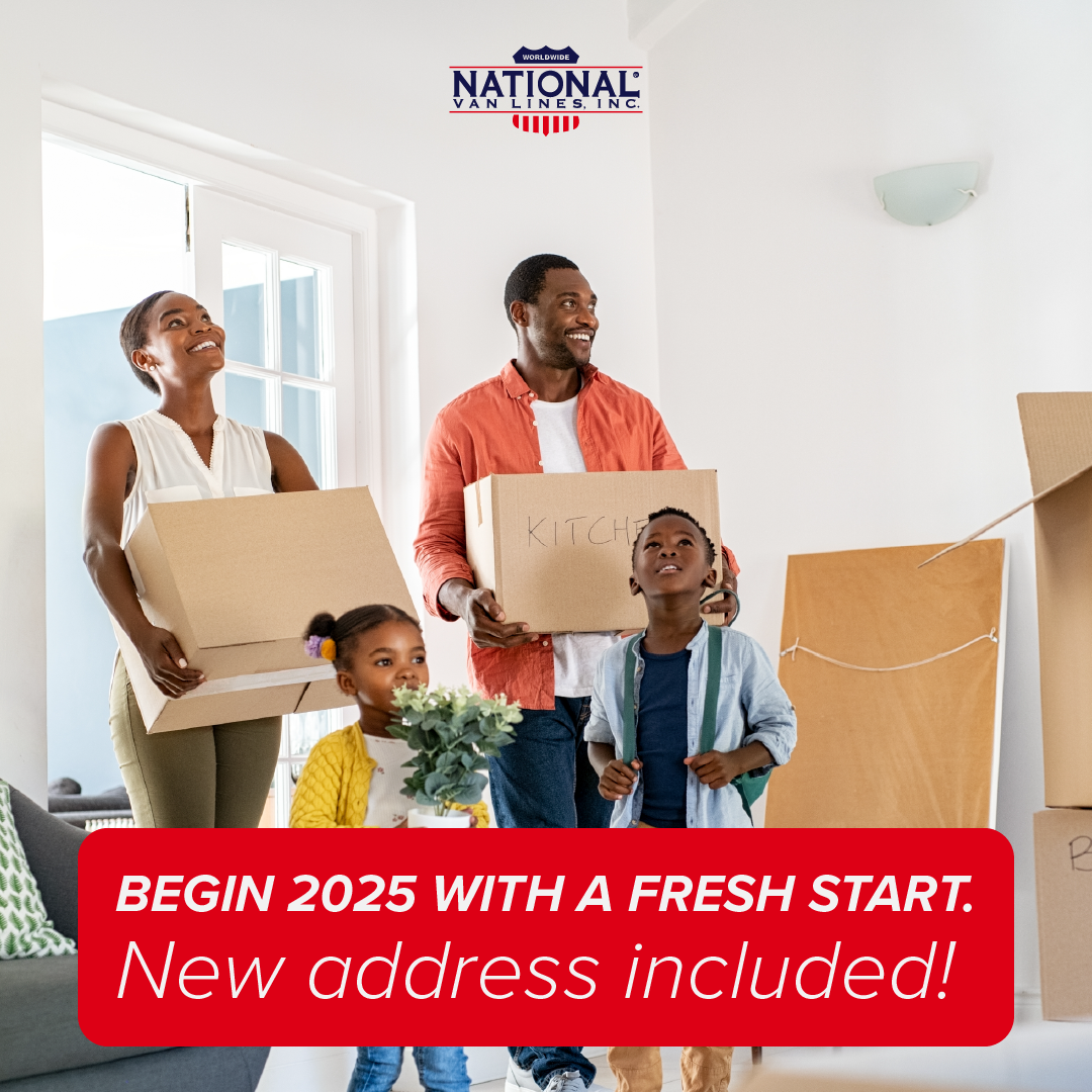 Family carrying boxes into a bright new home with banner reading, “Begin 2025 with a fresh start. New address included!”