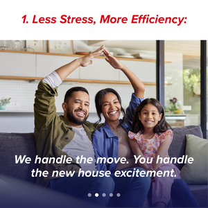 Family smiling on a couch in a bright living room with text: “Less Stress, More Efficiency” and a moving service message