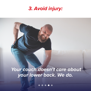 Man holding his lower back on a couch with text about avoiding injury and lower-back pain.