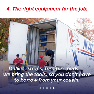 Movers unloading a truck with furniture pads and equipment outside a home