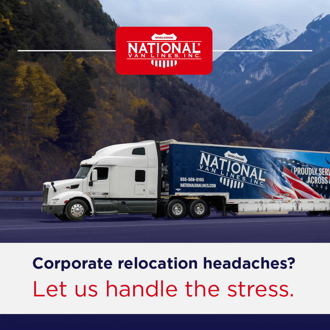 White semi-truck with blue National trailer in mountains; ad reads “Corporate relocation headaches? Let us handle the stress.”