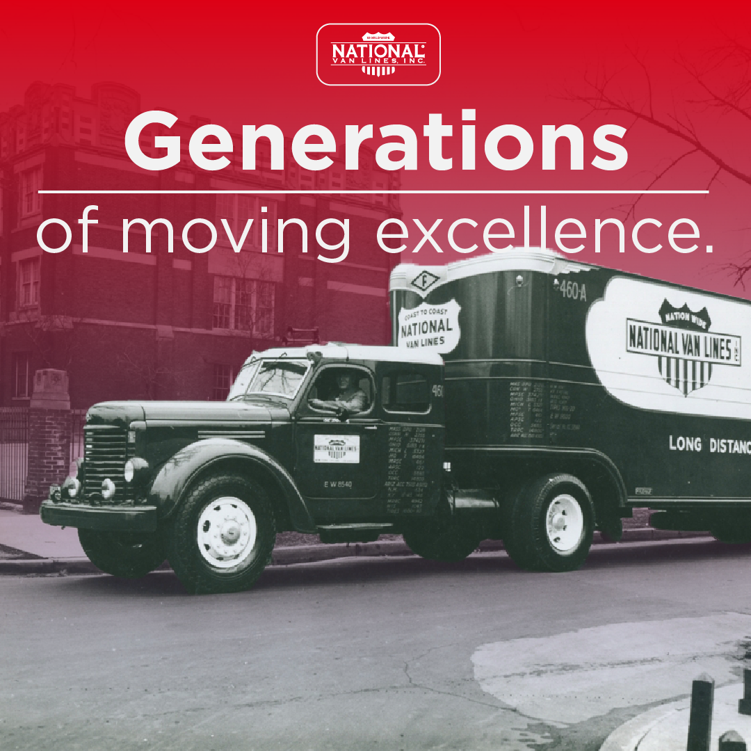 Vintage green moving truck with slogan “Generations of moving excellence” on a red background