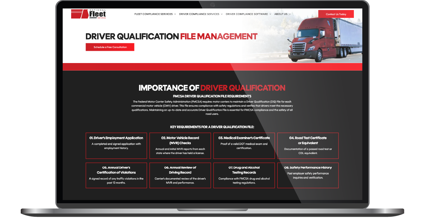 Laptop displaying a dark red and black driver qualification management website with a truck image and menu sections
