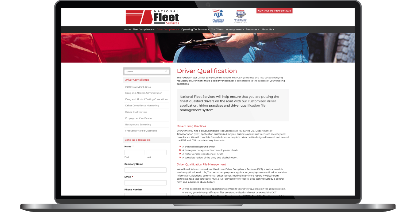 Laptop displaying a red-and-white Fleet website homepage with a person using a keyboard banner and navigation links