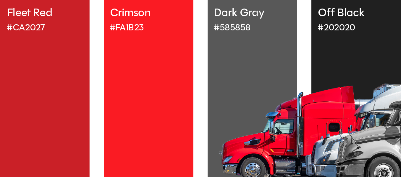 Red and gray truck color swatches: Fleet Red, Crimson, Dark Gray, and Off Black.