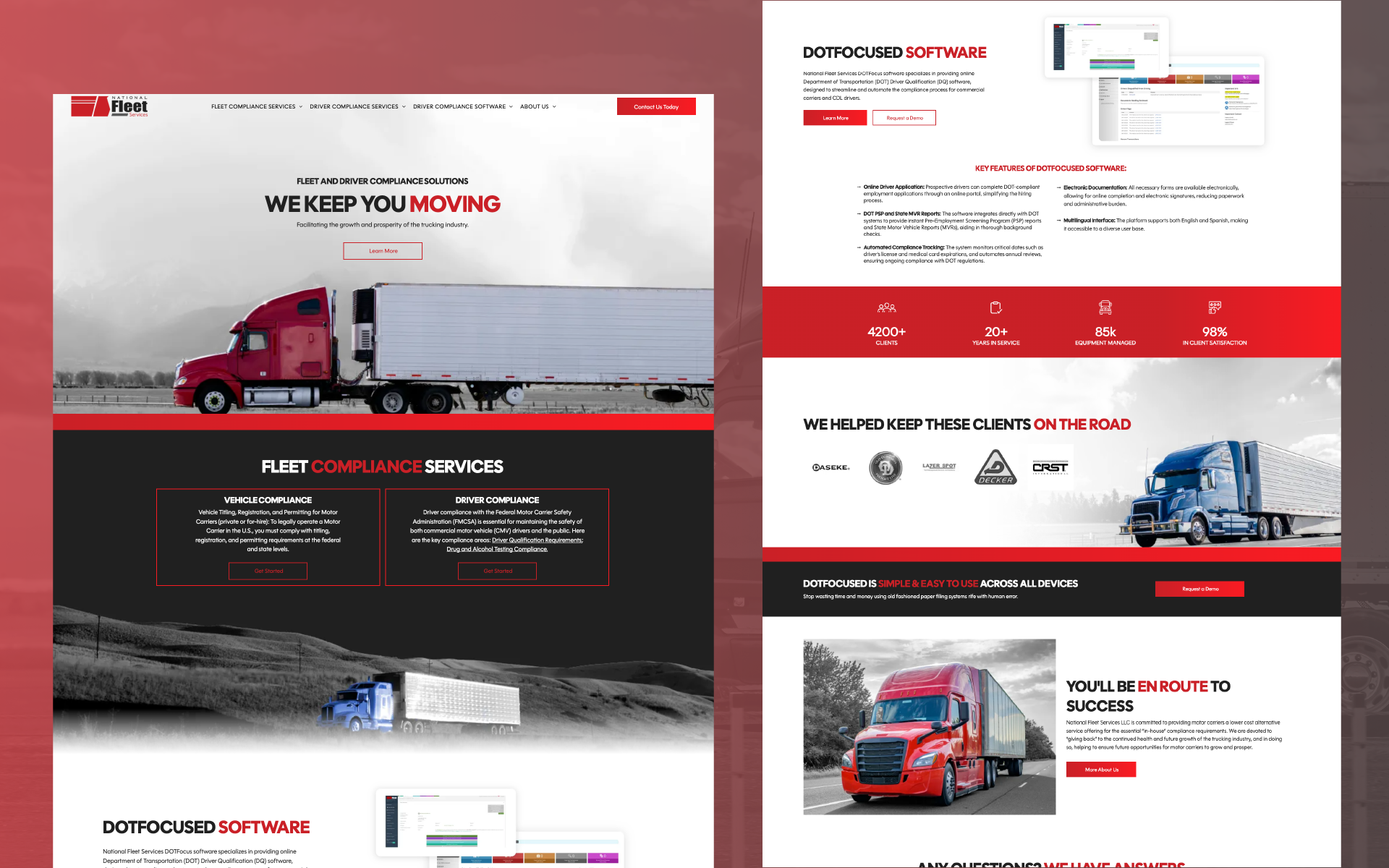 Website mockup for a trucking company, with red semi-trucks and black-and-white layout
