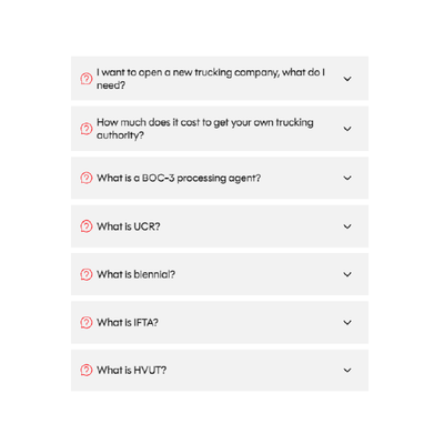 FAQ list with expandable trucking authority questions and red info icons on a white background