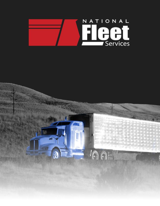 National Fleet Services logo above a blue semi truck hauling a white trailer on a rural road