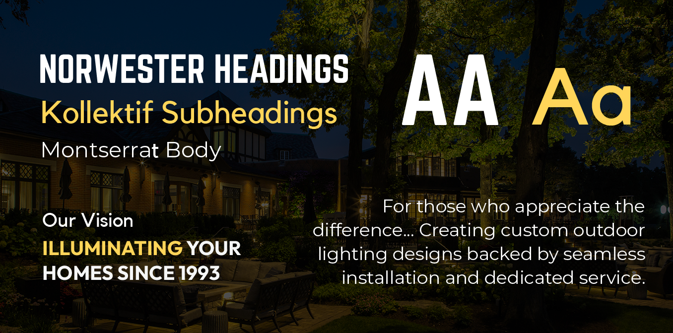 Typography banner for Norwester Headings, showing white and gold text on a dark background with AA and Aa samples