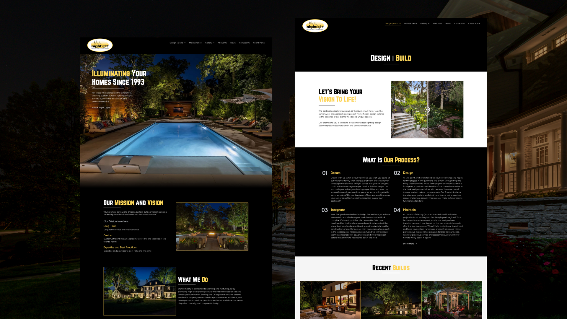 Dark luxury hotel website mockup with pool, villa, and room photos in a black-and-gold layout