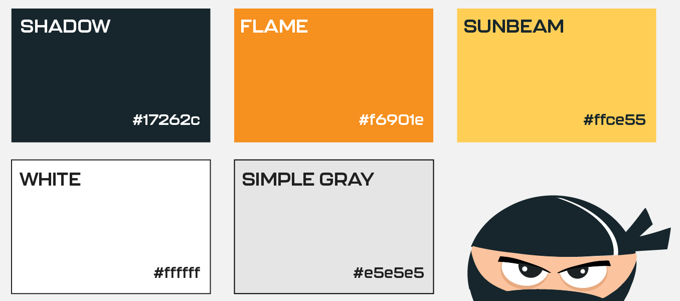 Color palette with shadow, flame, sunbeam, white, and simple gray swatches; ninja eyes peeking at bottom right