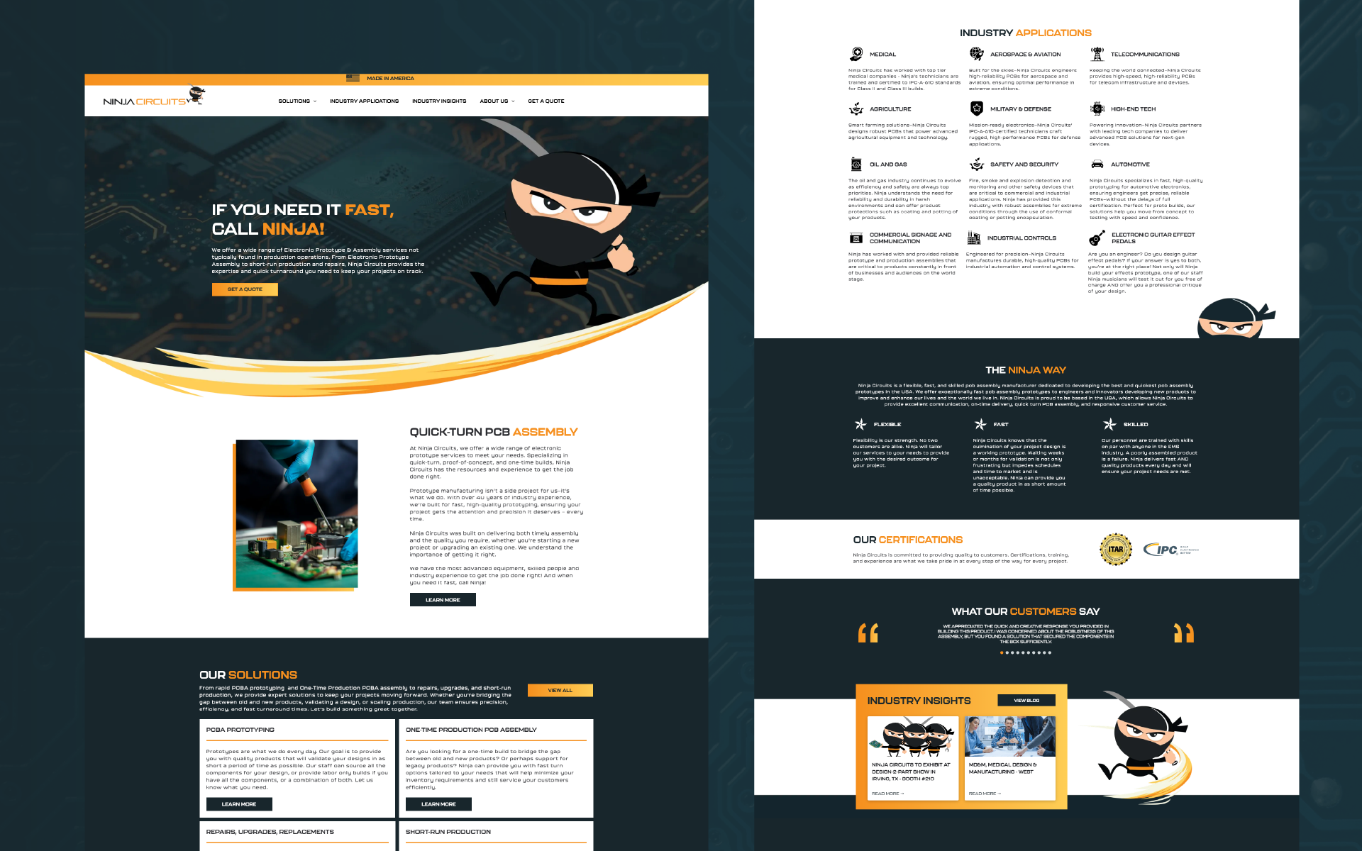 Website mockup with dark ninja-themed header, white content panels, and orange accents displayed in multiple layouts