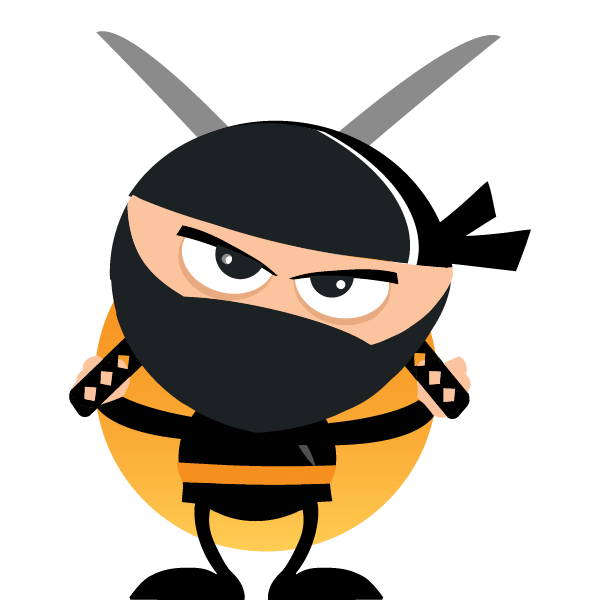 Cartoon ninja with black mask, angry eyes, and crossed swords on an orange circle background