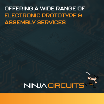 NinjaCircuits promo with circuit board background and text: “Offering a wide range of electronic prototype & assembly services”