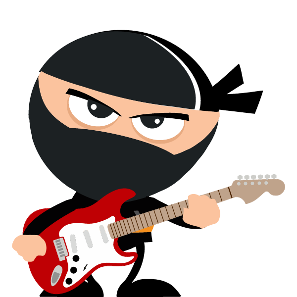Cartoon ninja playing a red electric guitar, with narrowed eyes and black outfit