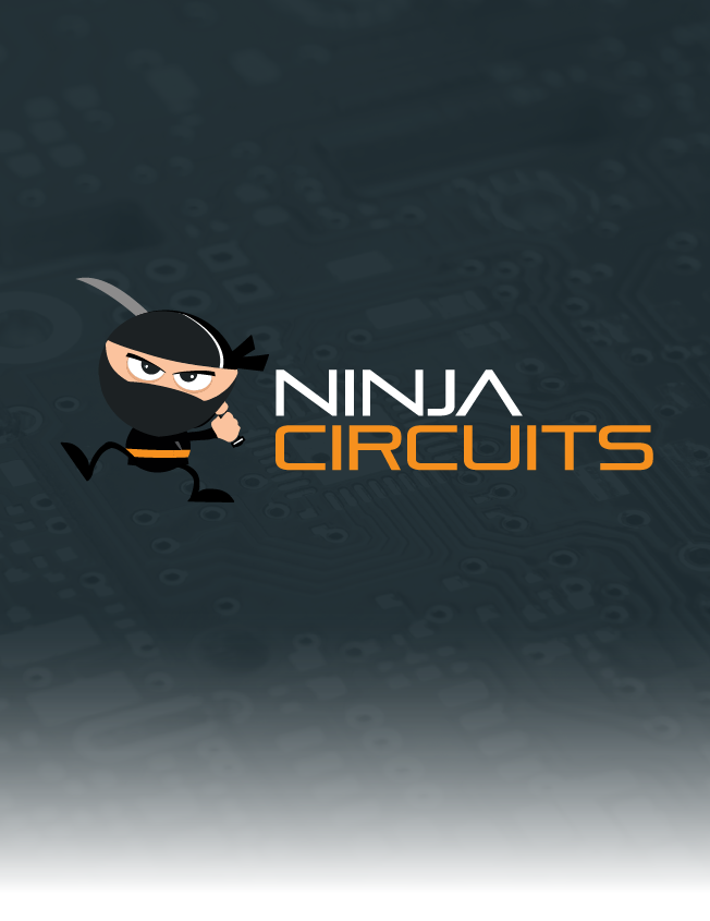 Ninja Circuits logo with cartoon ninja and white-orange text on dark background