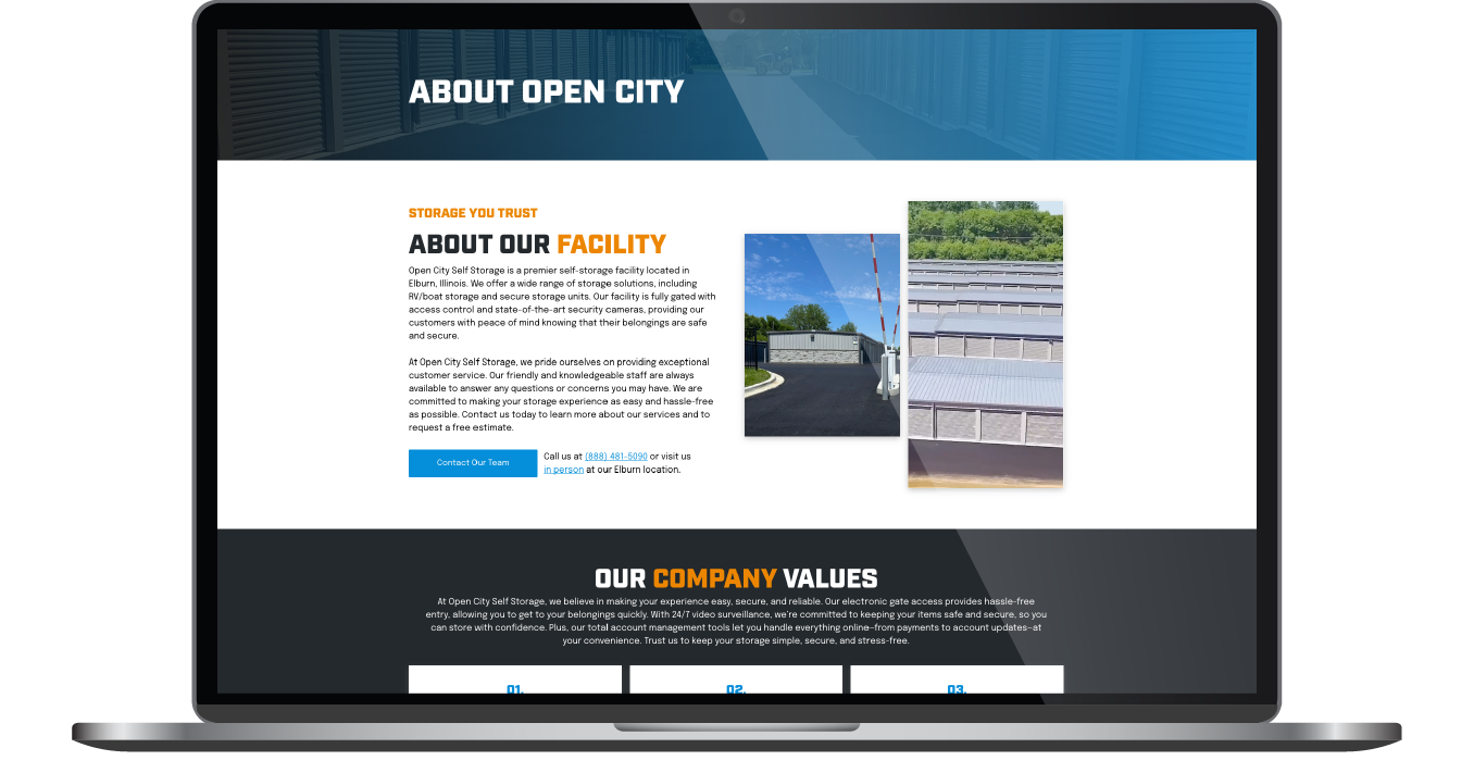Laptop displaying an “About Open City” webpage with a campus photo and company values section