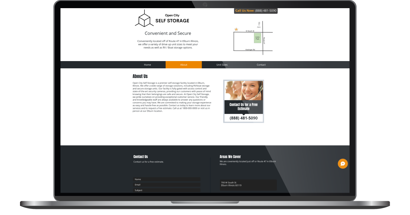 Laptop displaying a minimalist website with white and dark sections, featuring text blocks and a small image panel.