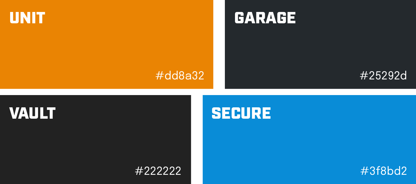 Four colored labels: UNIT orange, GARAGE dark gray, VAULT dark gray, SECURE blue.