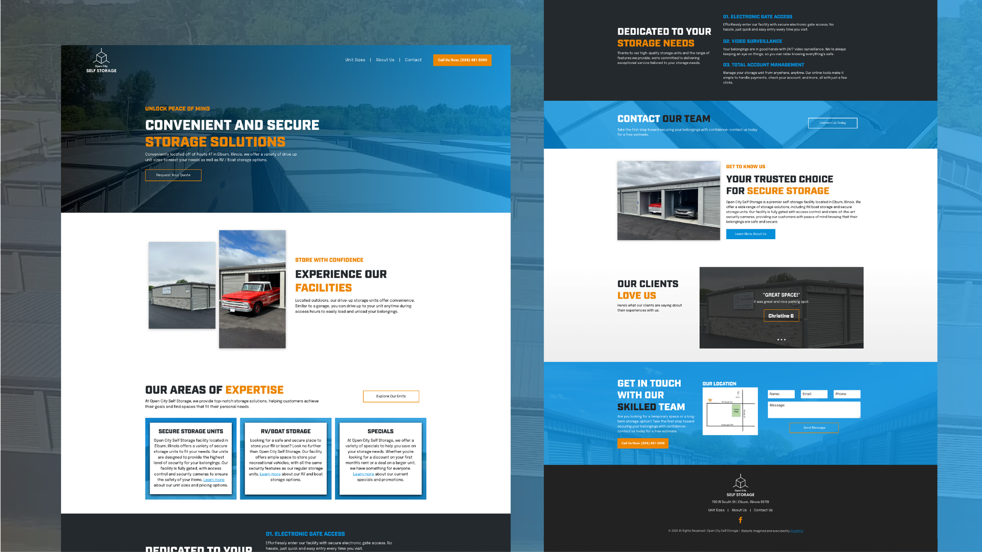 Website mockup with blue and dark sections, showing a real estate company homepage and property listings