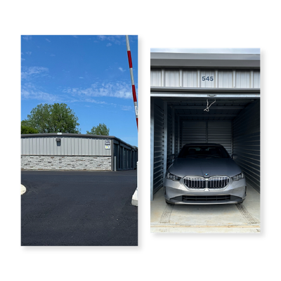 Storage facility with open unit 648 and a silver car parked inside; exterior view with blue sky.