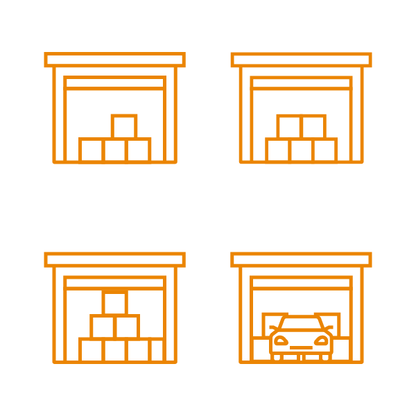 Orange line icons of four warehouse bays: stacked boxes, a fuller stack, boxes in a shelving unit, and a car in one bay