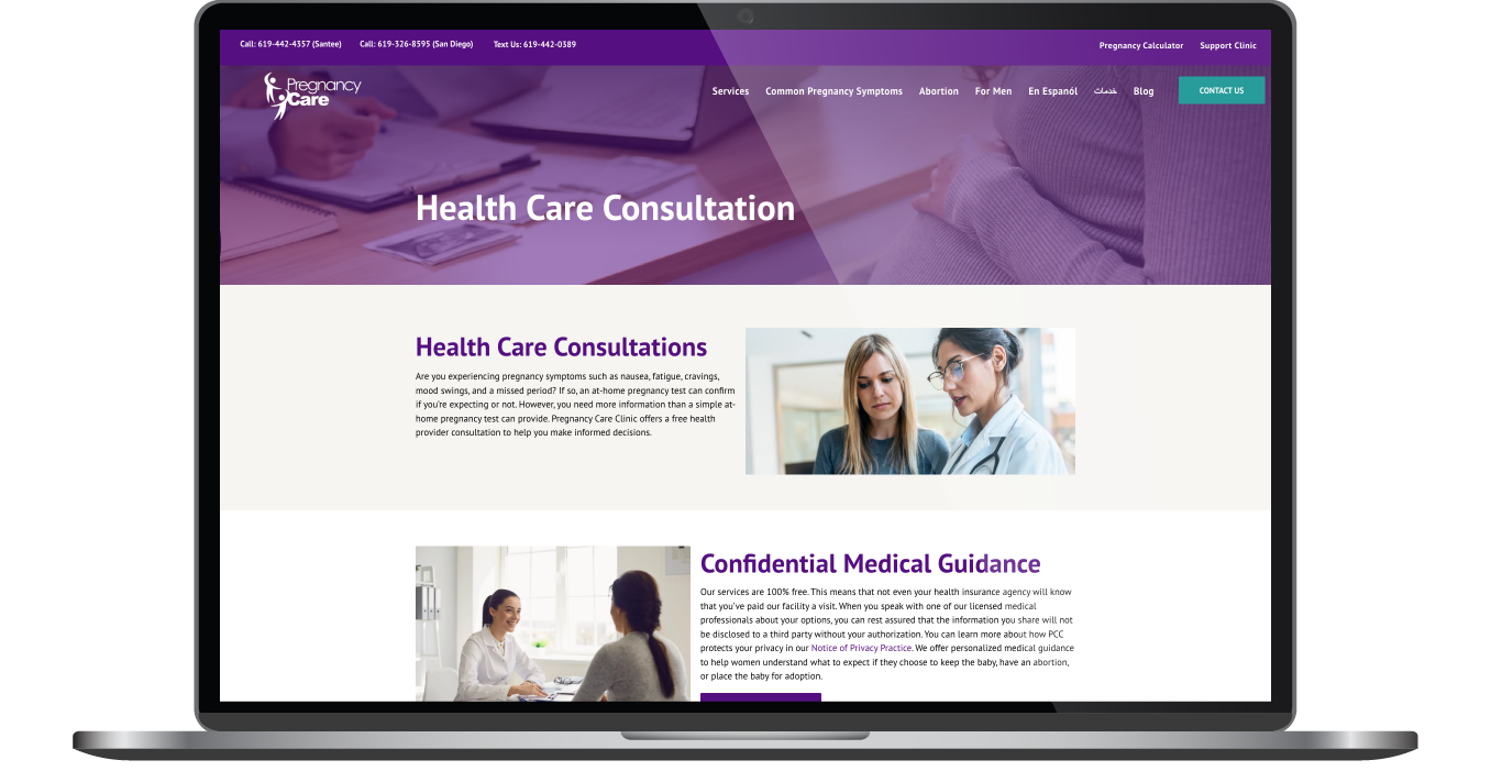 Health care consultation website displayed on a laptop, with a purple header and medical staff photos