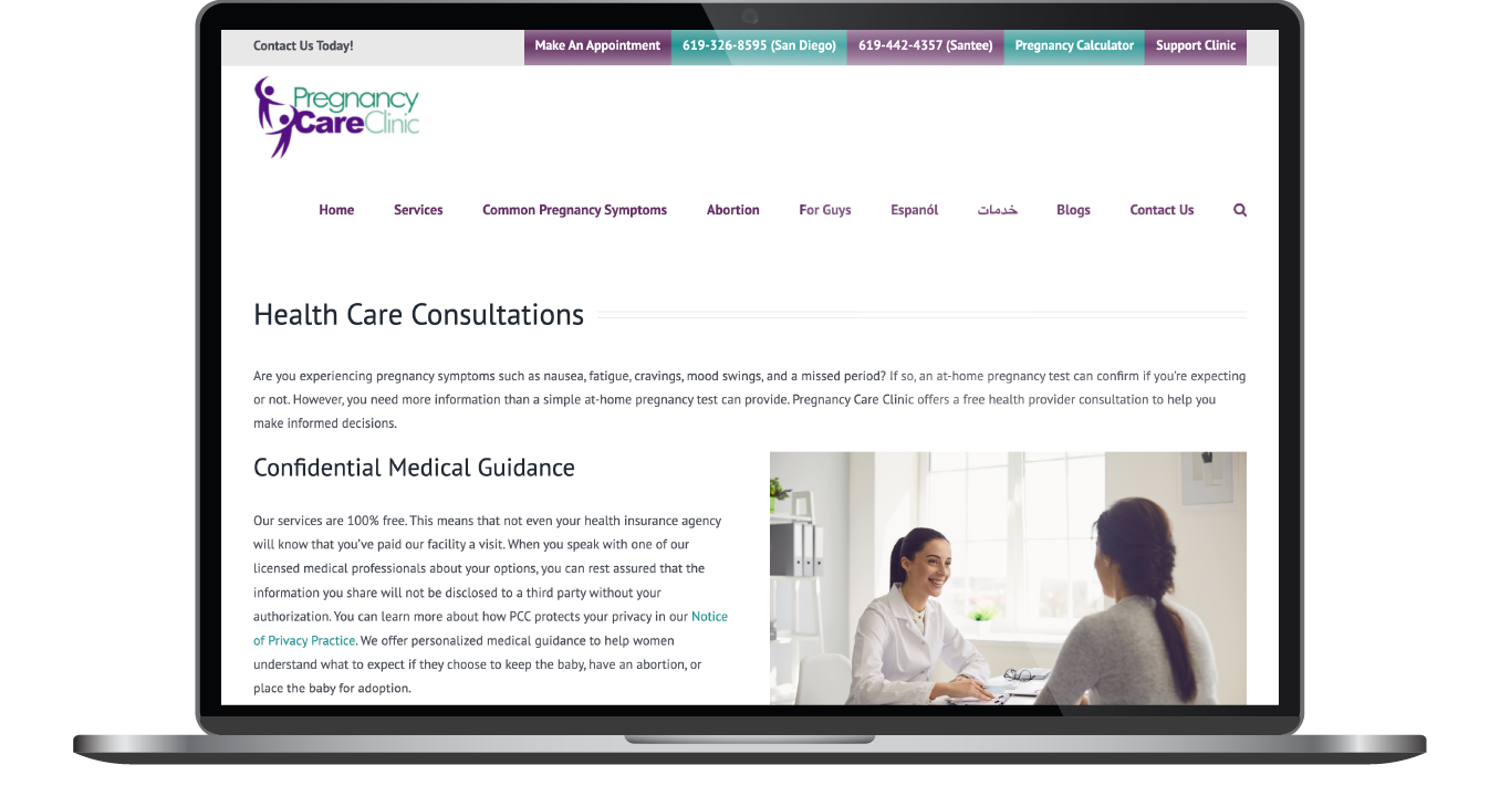 Website homepage shown on a laptop screen with a doctor-patient consultation photo
