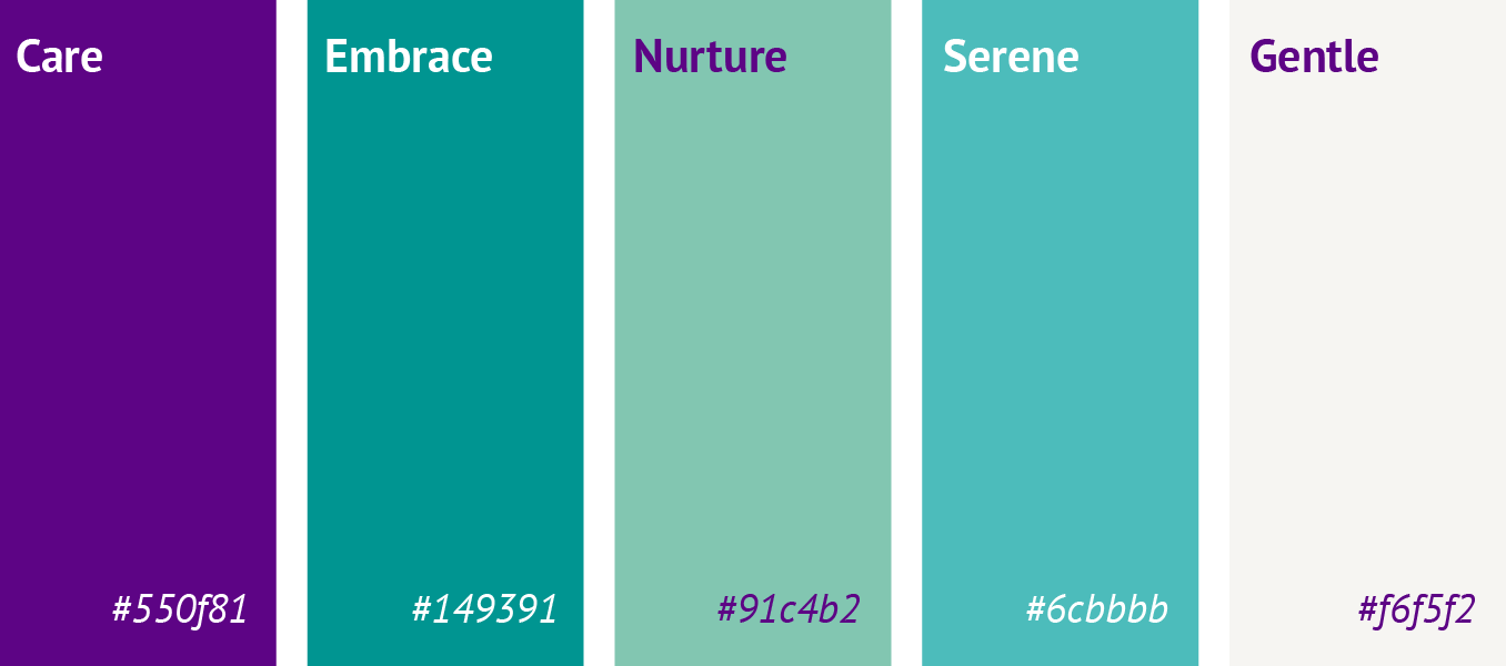 Five vertical color swatches labeled Care, Embrace, Nurture, Serene, and Gentle.