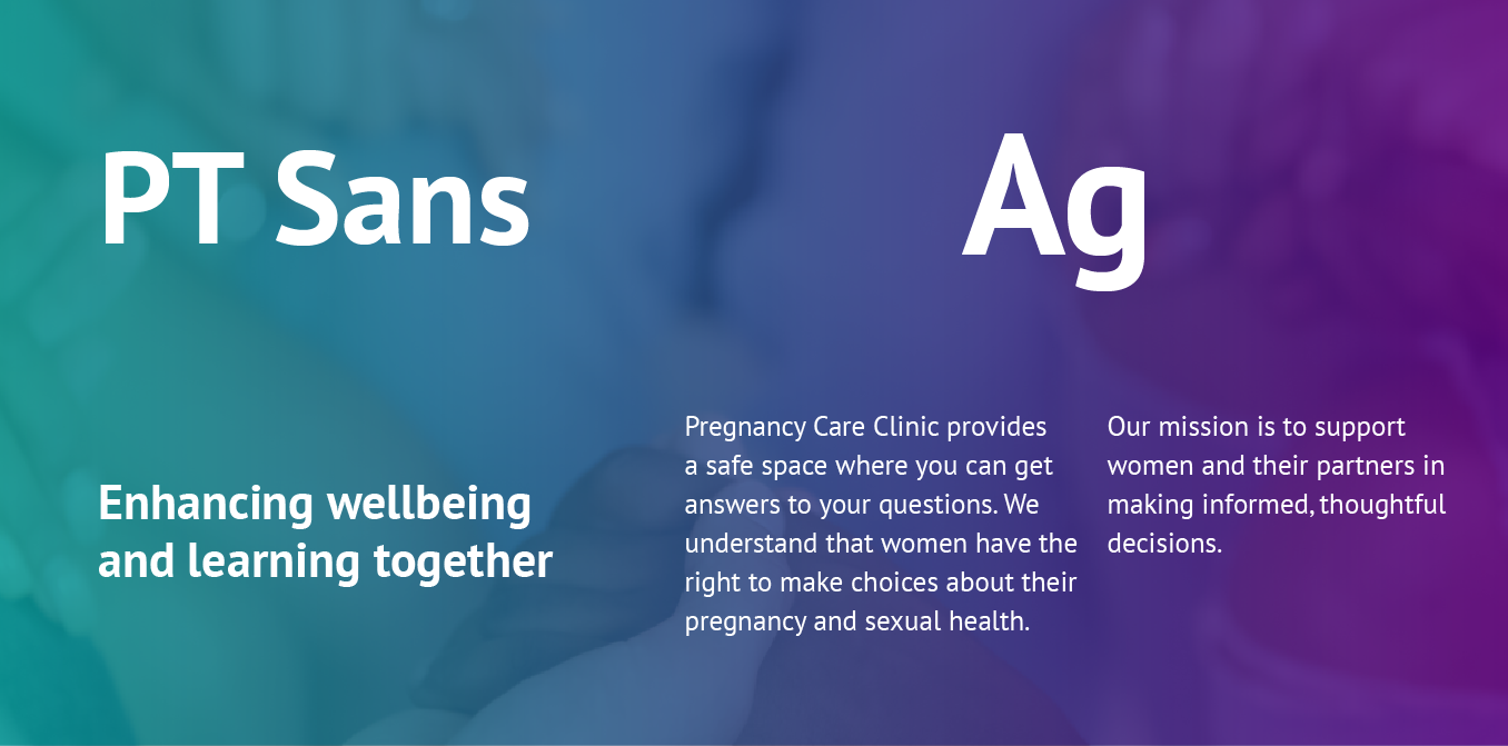 Blue gradient slide comparing fonts “PT Sans” and “Ag” with short white text blocks underneath.